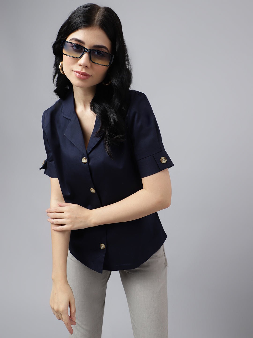 Women Navy Blue Solid Pure Cotton Lapel Collar Regular Fit Formal Shirt - #folk republic#