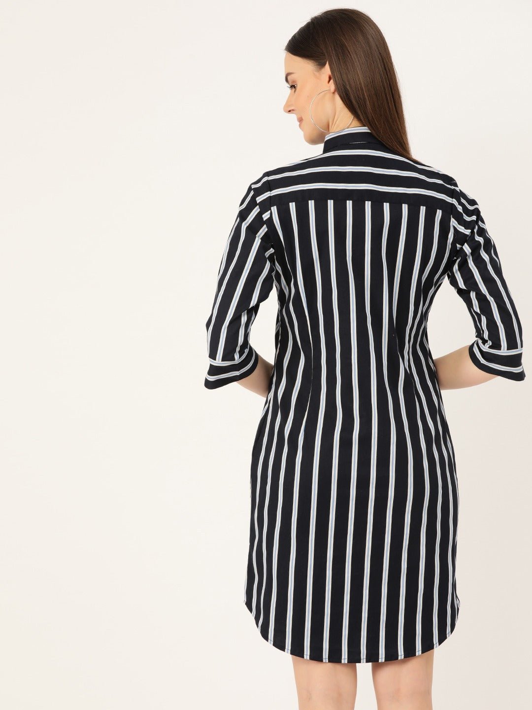 Women Navy Blue Stripes Pure Cotton Regular Fit Shirt Dress - #folk republic#