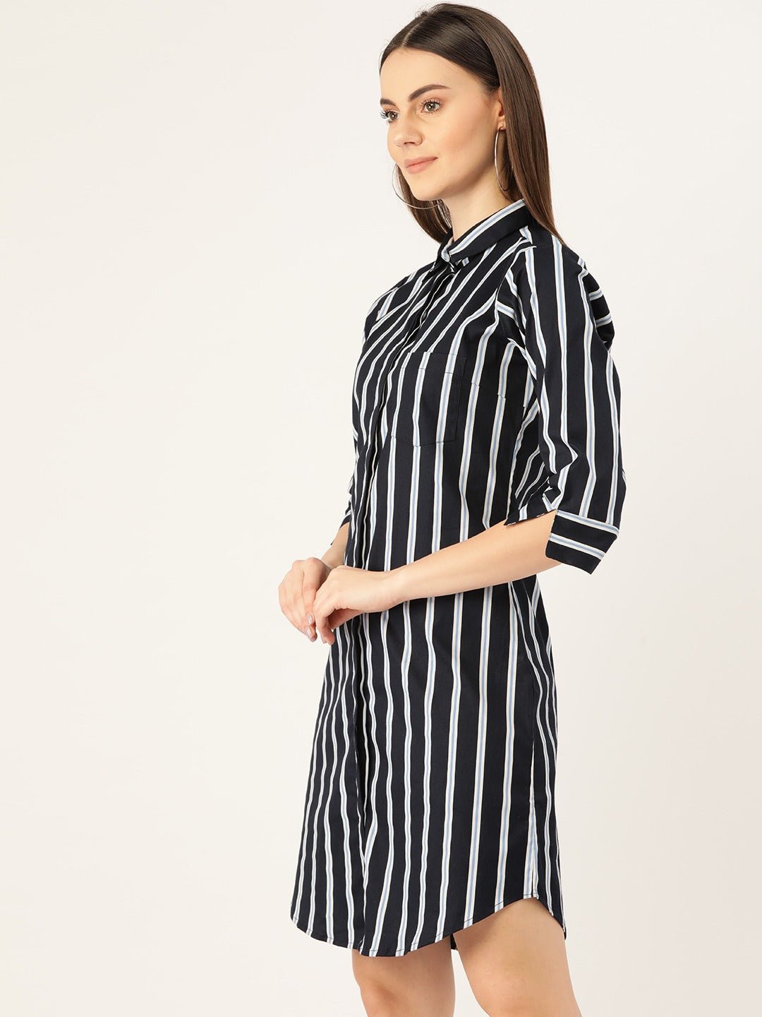 Women Navy Blue Stripes Pure Cotton Regular Fit Shirt Dress - #folk republic#