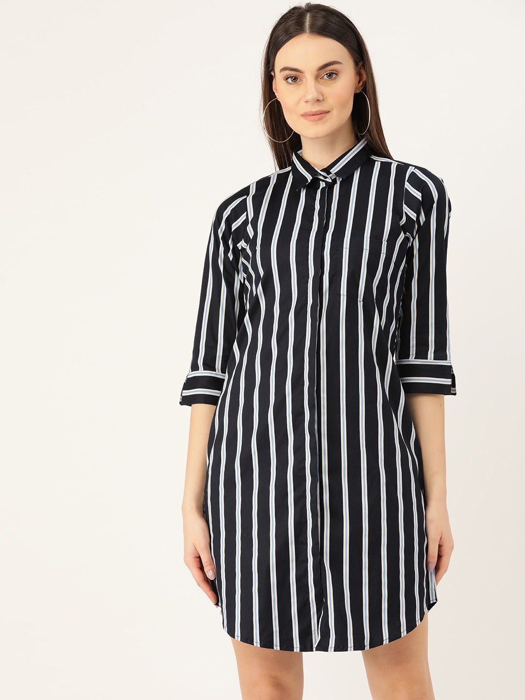 Women Navy Blue Stripes Pure Cotton Regular Fit Shirt Dress - #folk republic#