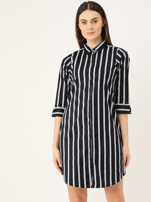 Women Navy Blue Stripes Pure Cotton Regular Fit Shirt Dress - #folk republic#