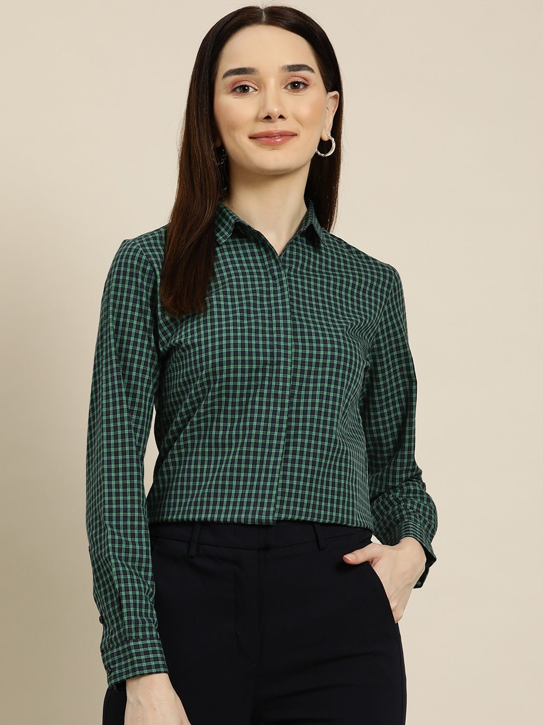 Women Navy Checks Pure Cotton Slim Fit Formal Shirt - #folk republic#