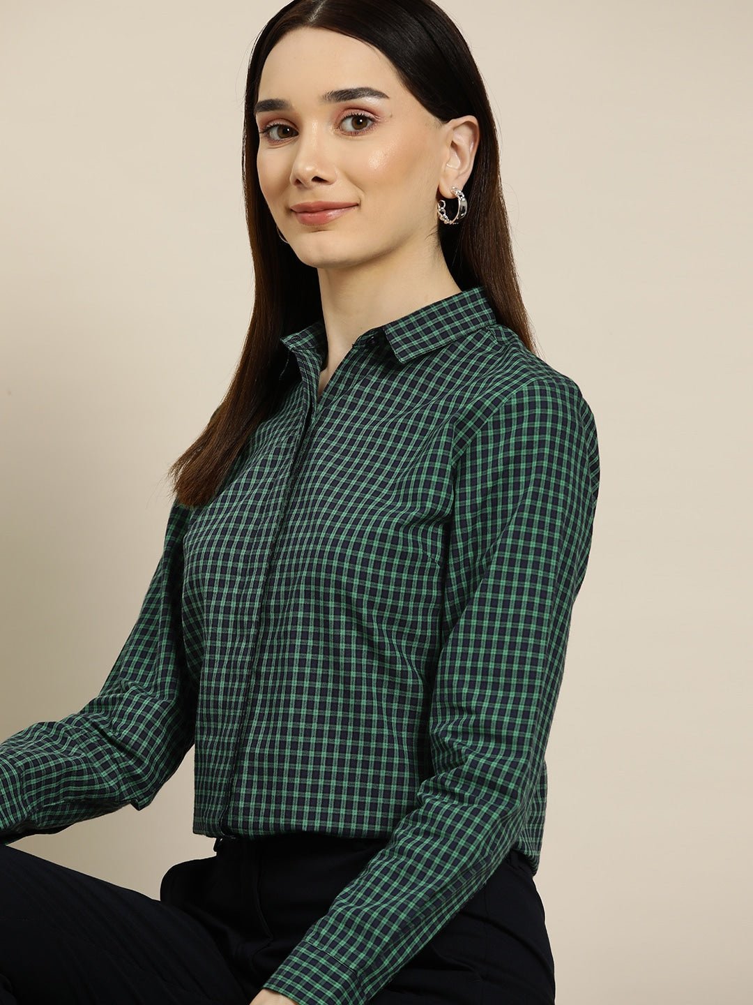 Women Navy Checks Pure Cotton Slim Fit Formal Shirt - #folk republic#