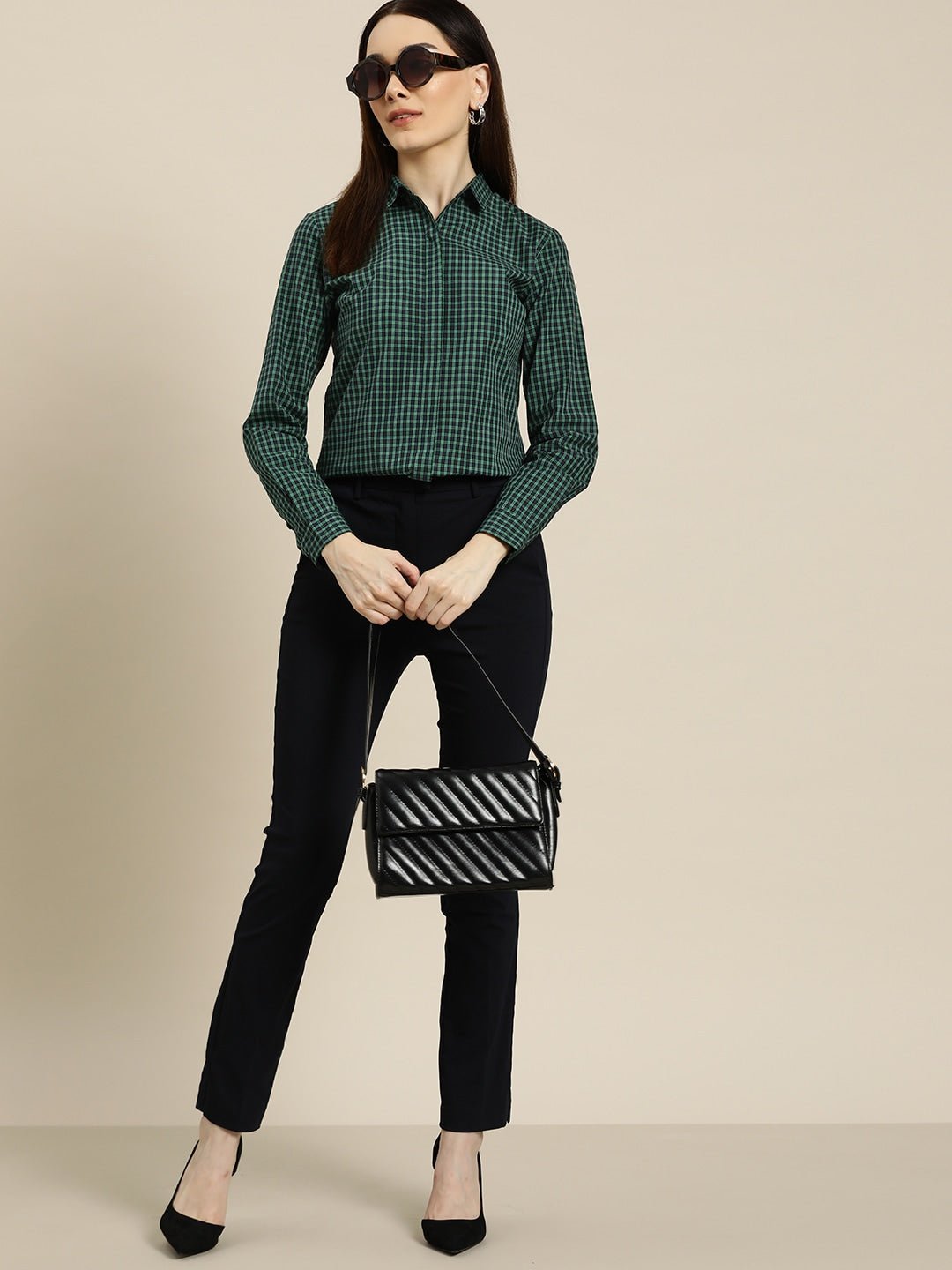 Women Navy Checks Pure Cotton Slim Fit Formal Shirt - #folk republic#