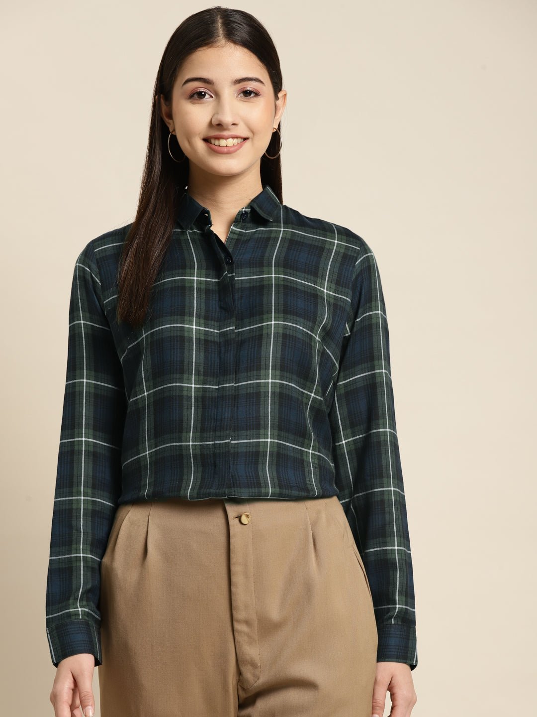 Women Navy & Green Checked Pure Cotton Regular Fit Formal Shirt - #folk republic#