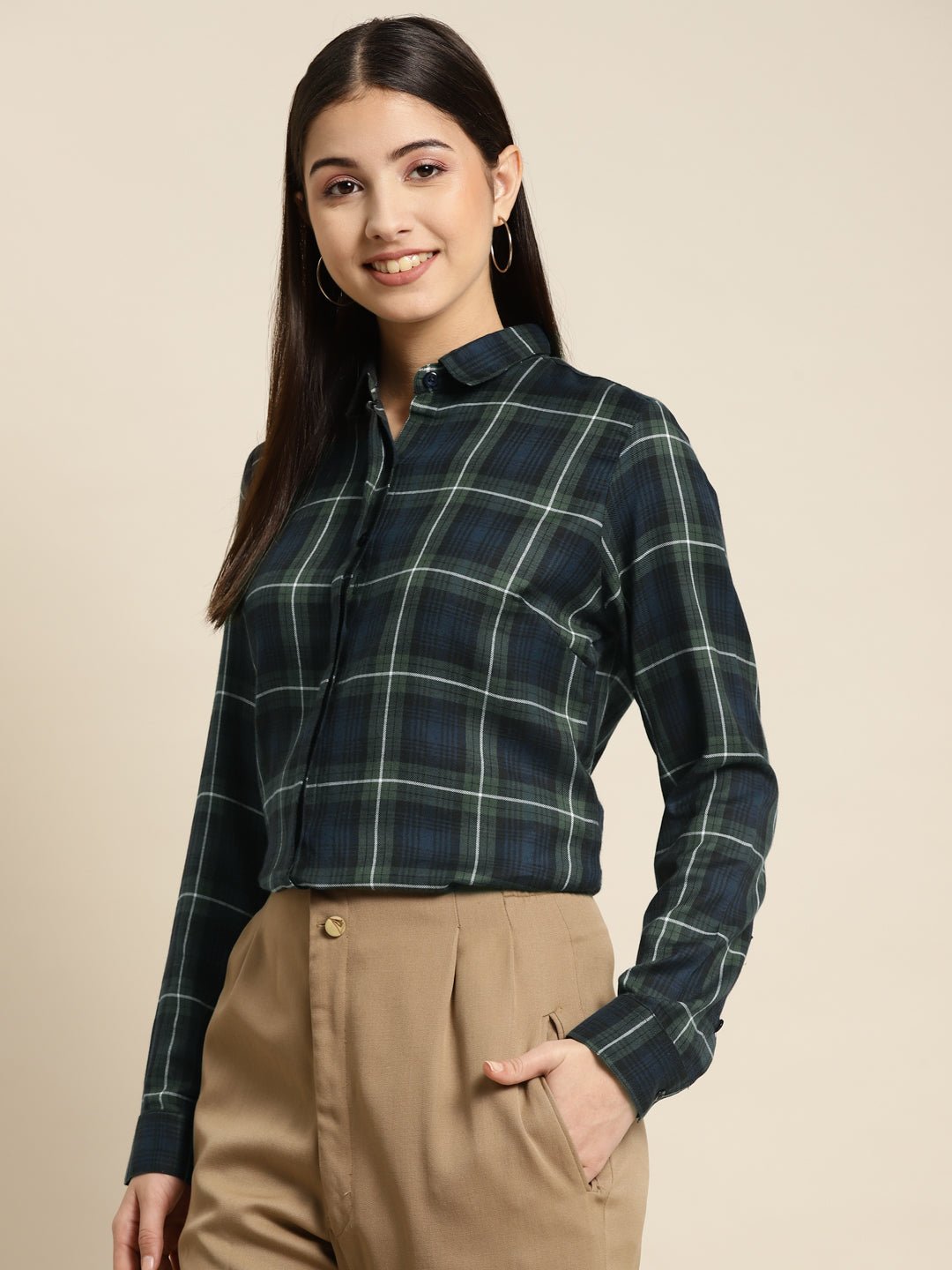Women Navy & Green Checked Pure Cotton Regular Fit Formal Shirt - #folk republic#