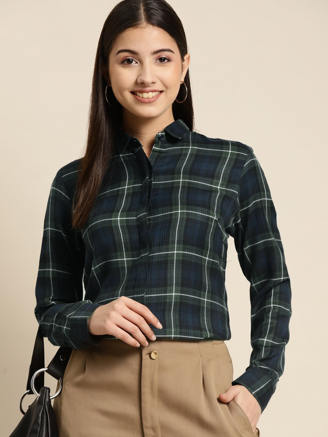 Women Navy & Green Checked Pure Cotton Regular Fit Formal Shirt - #folk republic#
