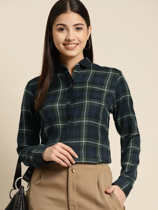 Women Navy & Green Checked Pure Cotton Regular Fit Formal Shirt - #folk republic#