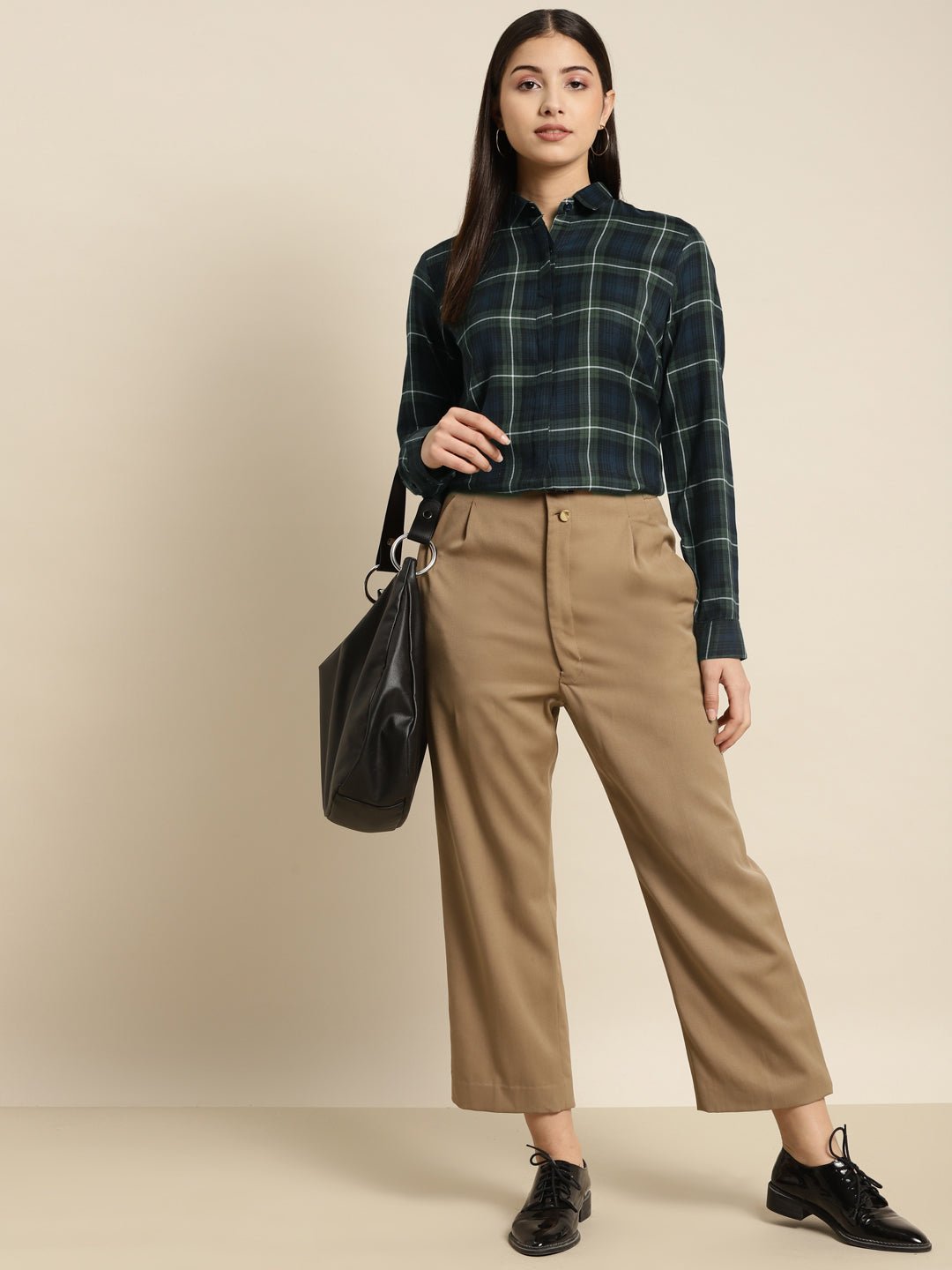 Women Navy & Green Checked Pure Cotton Regular Fit Formal Shirt - #folk republic#