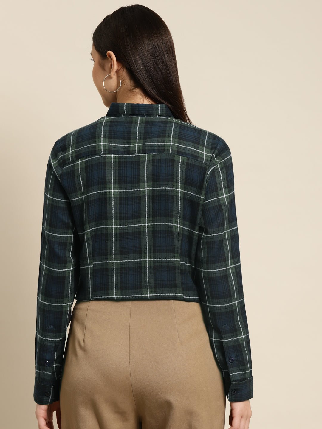 Women Navy & Green Checked Pure Cotton Regular Fit Formal Shirt - #folk republic#