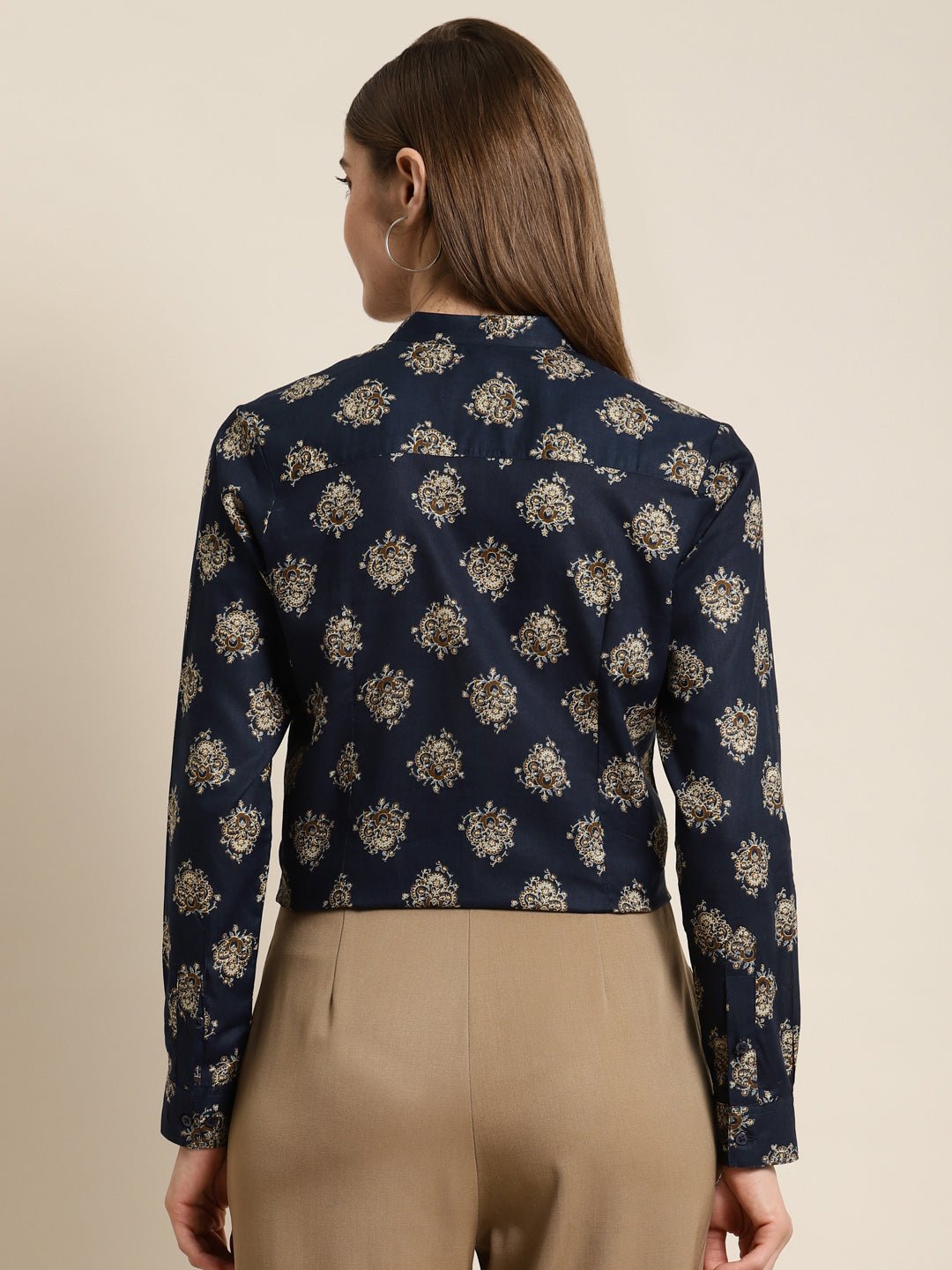 Women Navy Printed Pure Cotton Regular Fit Formal Shirt - #folk republic#