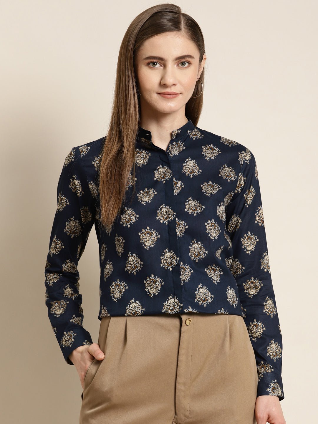 Women Navy Printed Pure Cotton Regular Fit Formal Shirt - #folk republic#