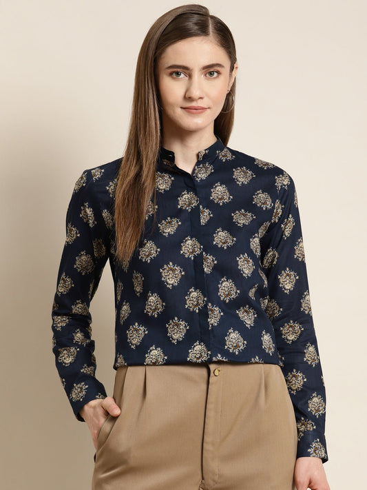 Women Navy Printed Pure Cotton Regular Fit Formal Shirt - #folk republic#