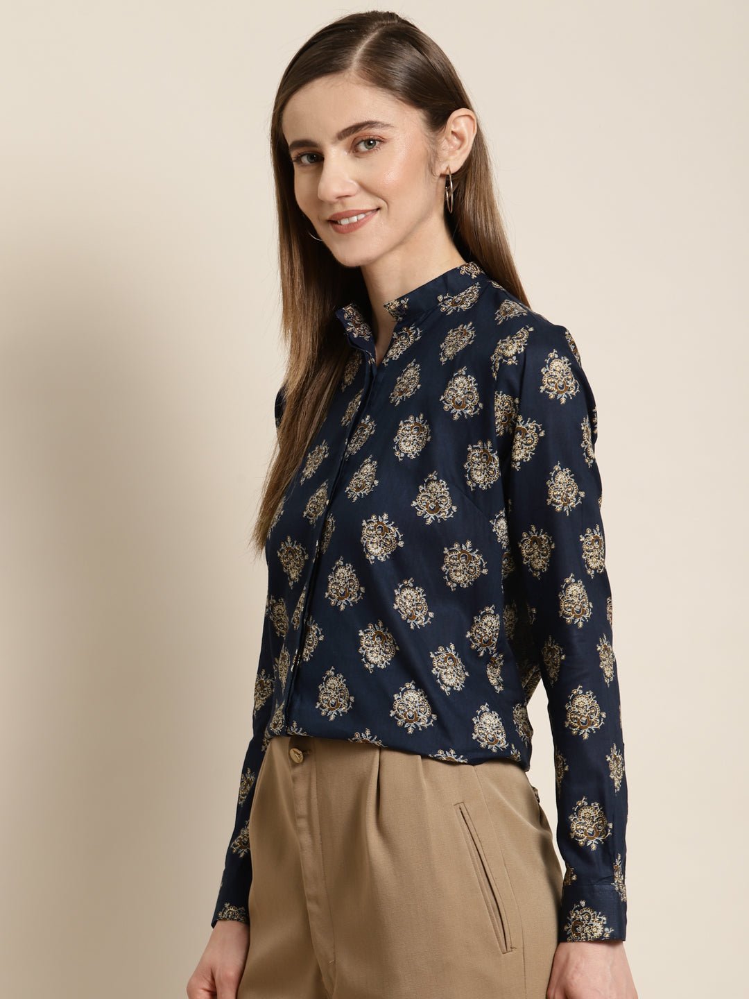Women Navy Printed Pure Cotton Regular Fit Formal Shirt - #folk republic#
