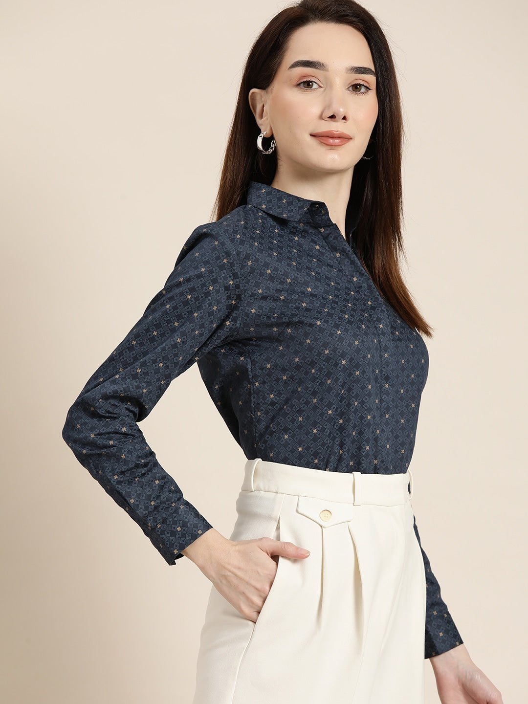 Women Navy Printed Pure Cotton Slim Fit Formal Shirt - #folk republic#