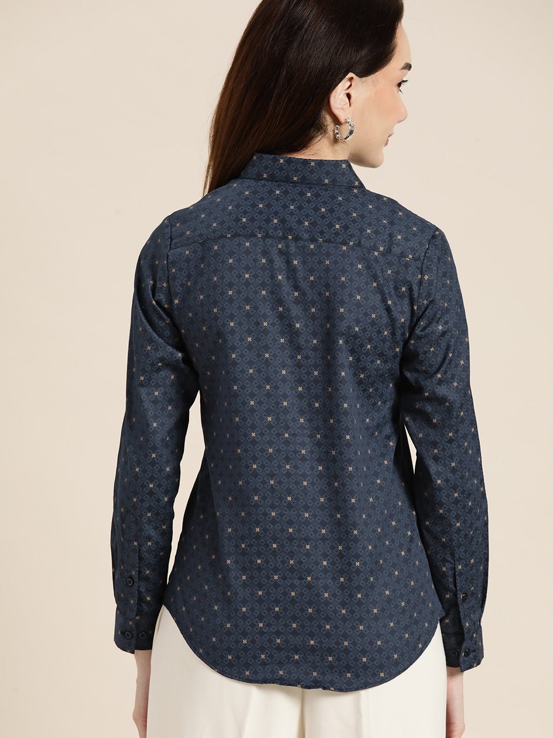 Women Navy Printed Pure Cotton Slim Fit Formal Shirt - #folk republic#