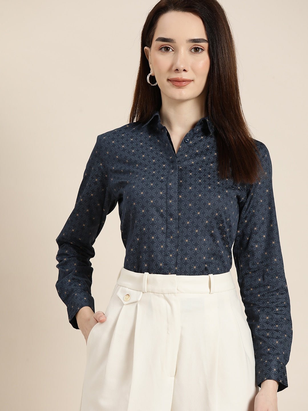 Women Navy Printed Pure Cotton Slim Fit Formal Shirt - #folk republic#