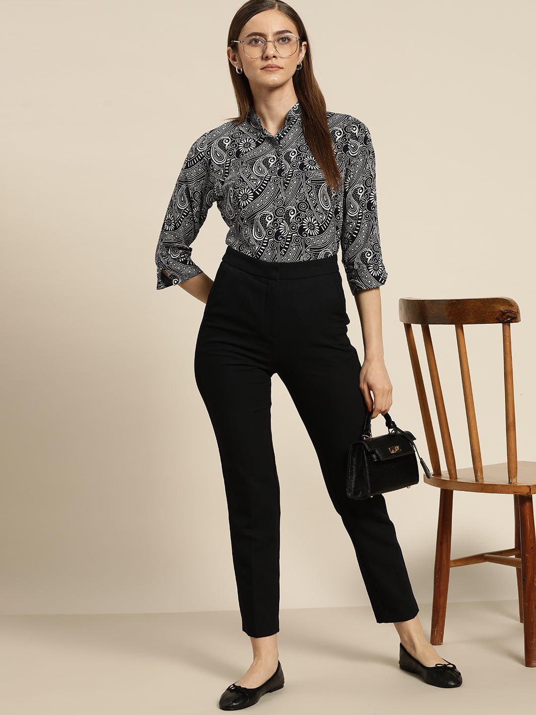 Women Navy Printed Viscose Rayon Regular Fit Formal Shirt - #folk republic#