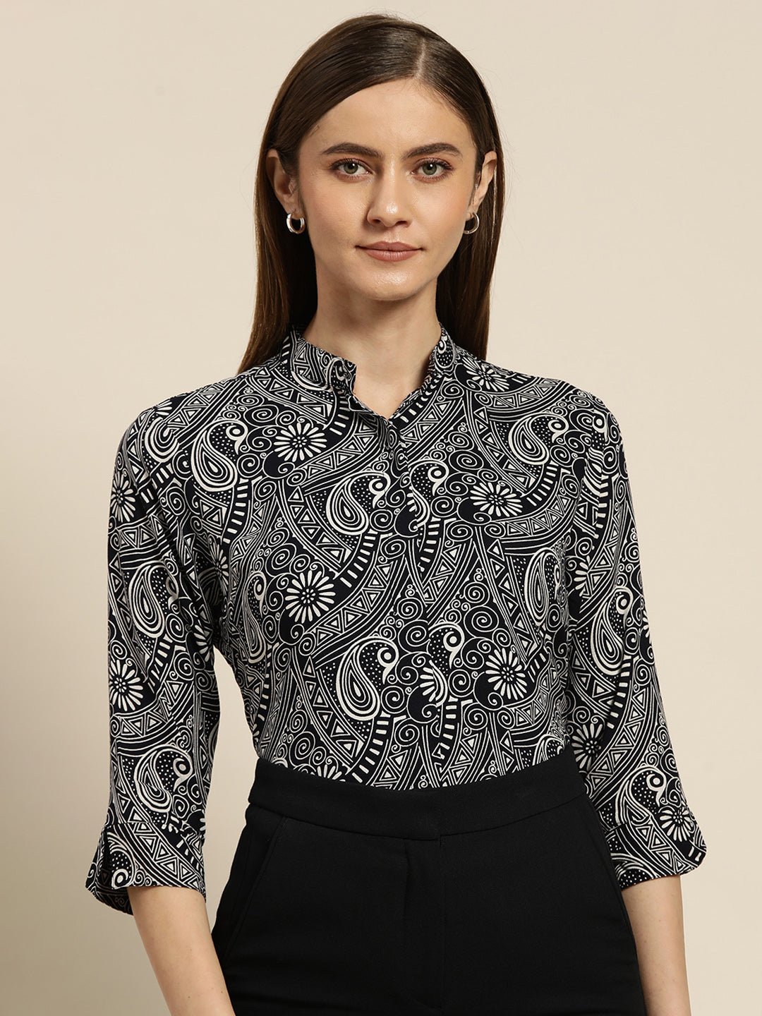Women Navy Printed Viscose Rayon Regular Fit Formal Shirt - #folk republic#