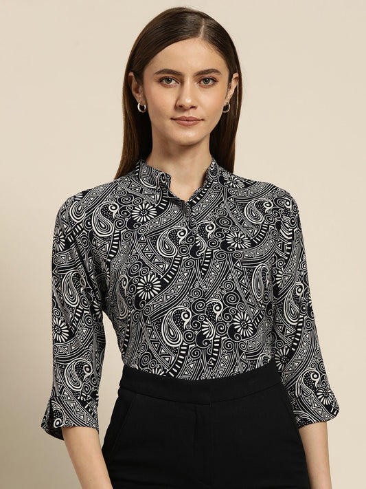 Women Navy Printed Viscose Rayon Regular Fit Formal Shirt - #folk republic#