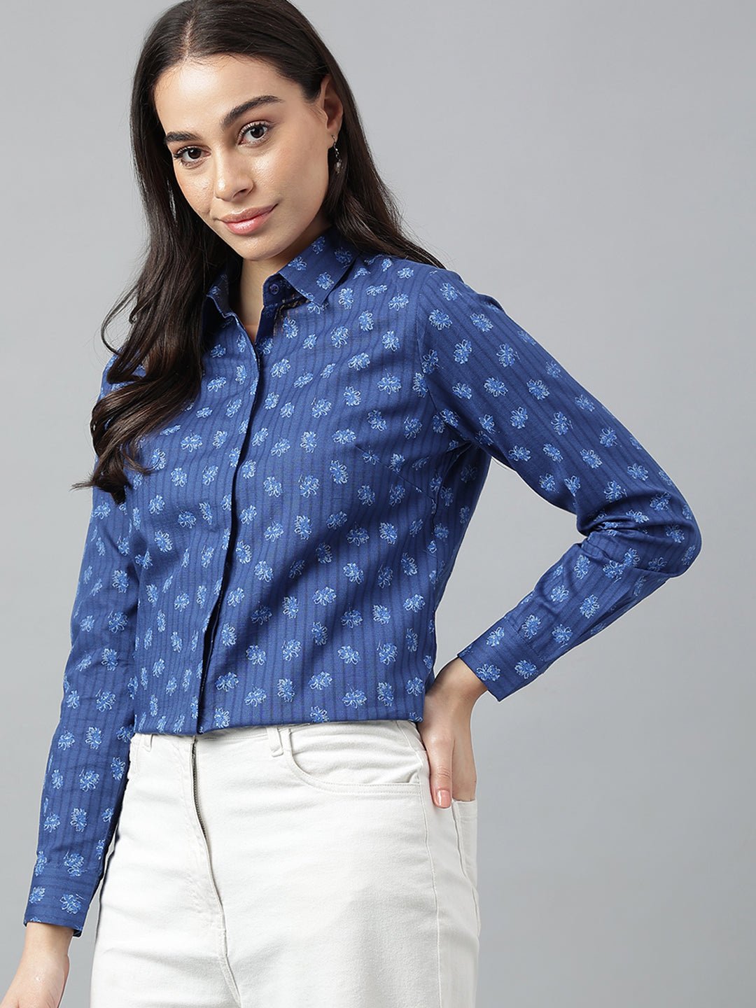 Women Navy Prints Pure Cotton Regular Fit Formal Shirt - #folk republic#
