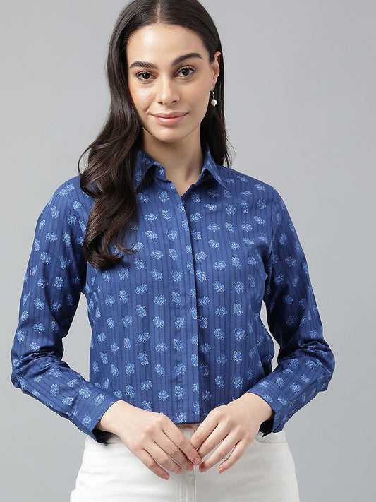 Women Navy Prints Pure Cotton Regular Fit Formal Shirt - #folk republic#