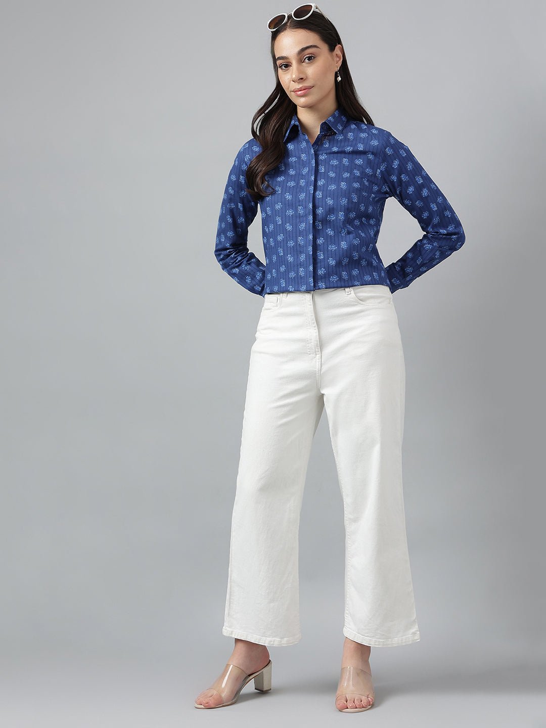 Women Navy Prints Pure Cotton Regular Fit Formal Shirt - #folk republic#