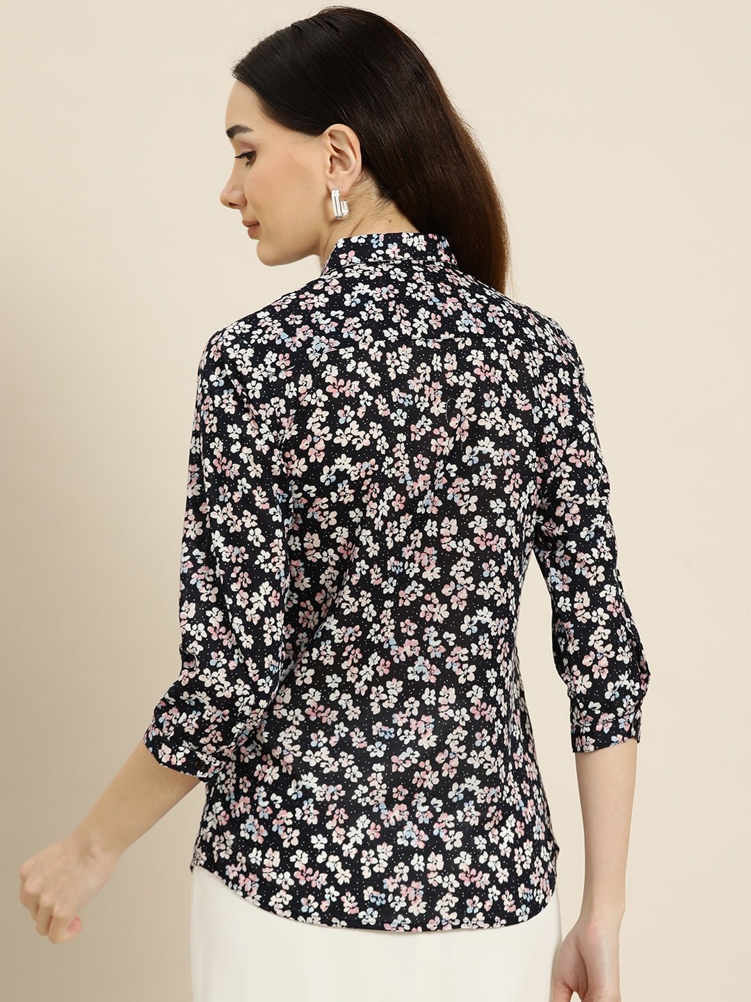 Women Navy Prints Pure Cotton Slim Fit Formal Shirt - #folk republic#