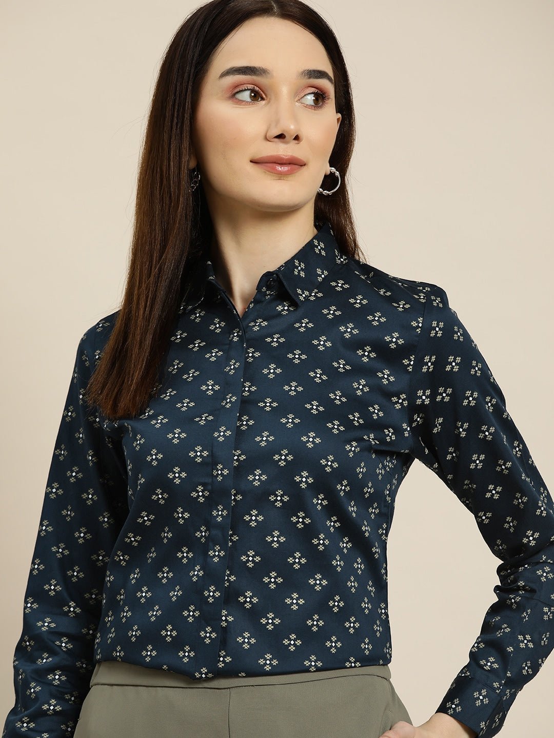 Women Navy Prints Pure Cotton Slim Fit Formal Shirt - #folk republic#
