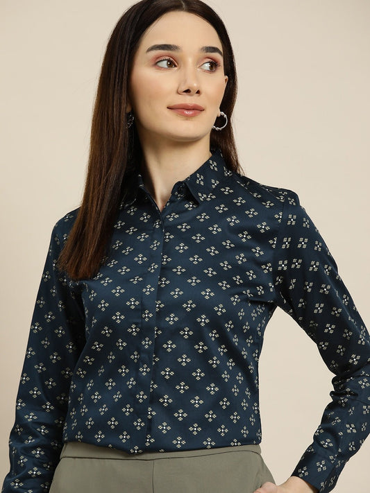 Women Navy Prints Pure Cotton Slim Fit Formal Shirt - #folk republic#