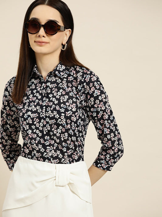 Women Navy Prints Pure Cotton Slim Fit Formal Shirt - #folk republic#