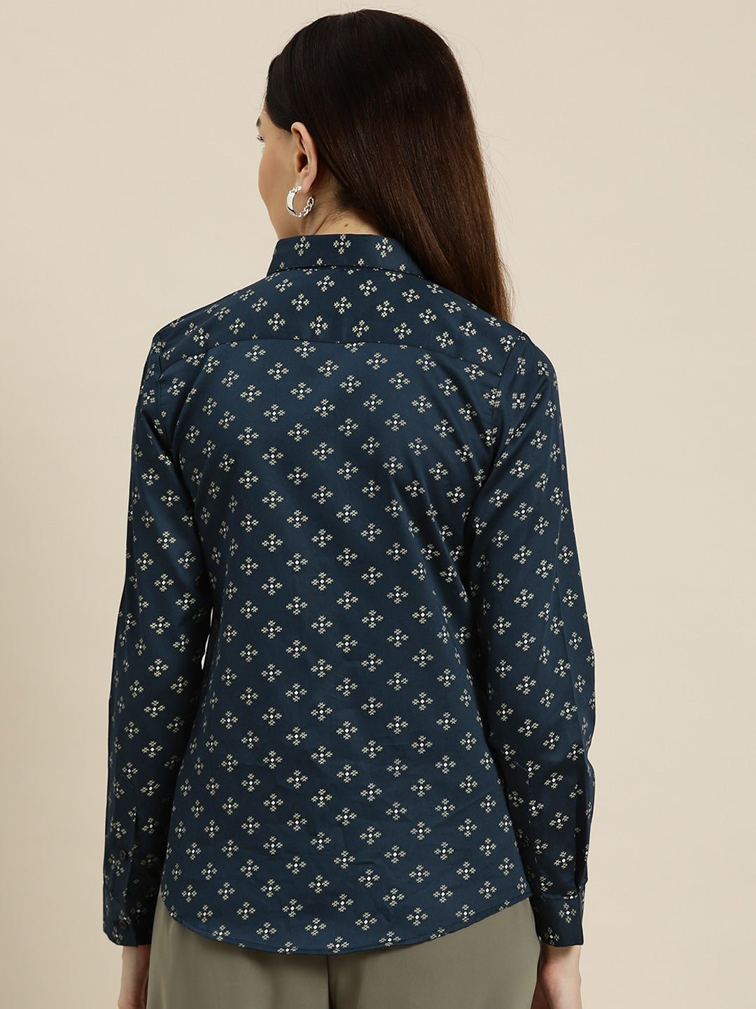 Women Navy Prints Pure Cotton Slim Fit Formal Shirt - #folk republic#