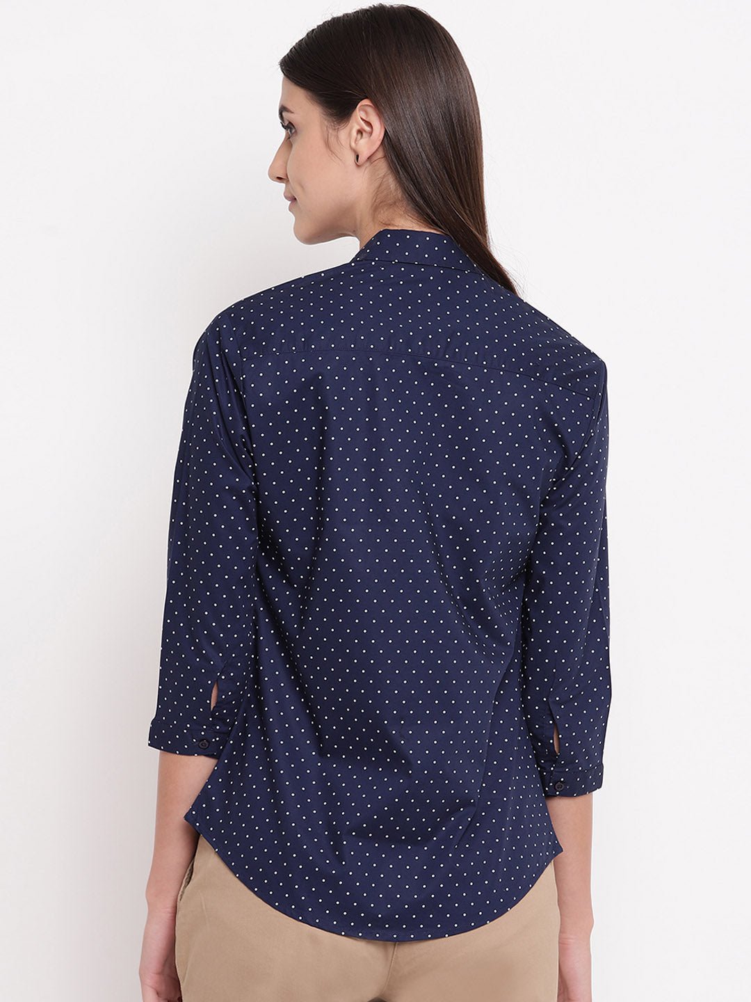 Women Navy Pure Cotton Polka Dot Printed Slim Fit Formal Shirt - #folk republic#