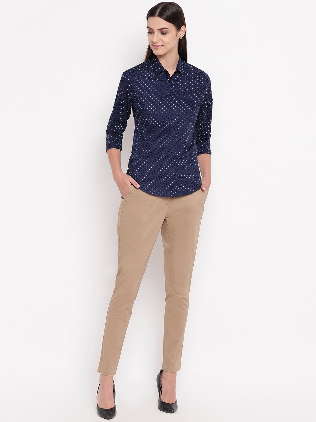 Women Navy Pure Cotton Polka Dot Printed Slim Fit Formal Shirt - #folk republic#