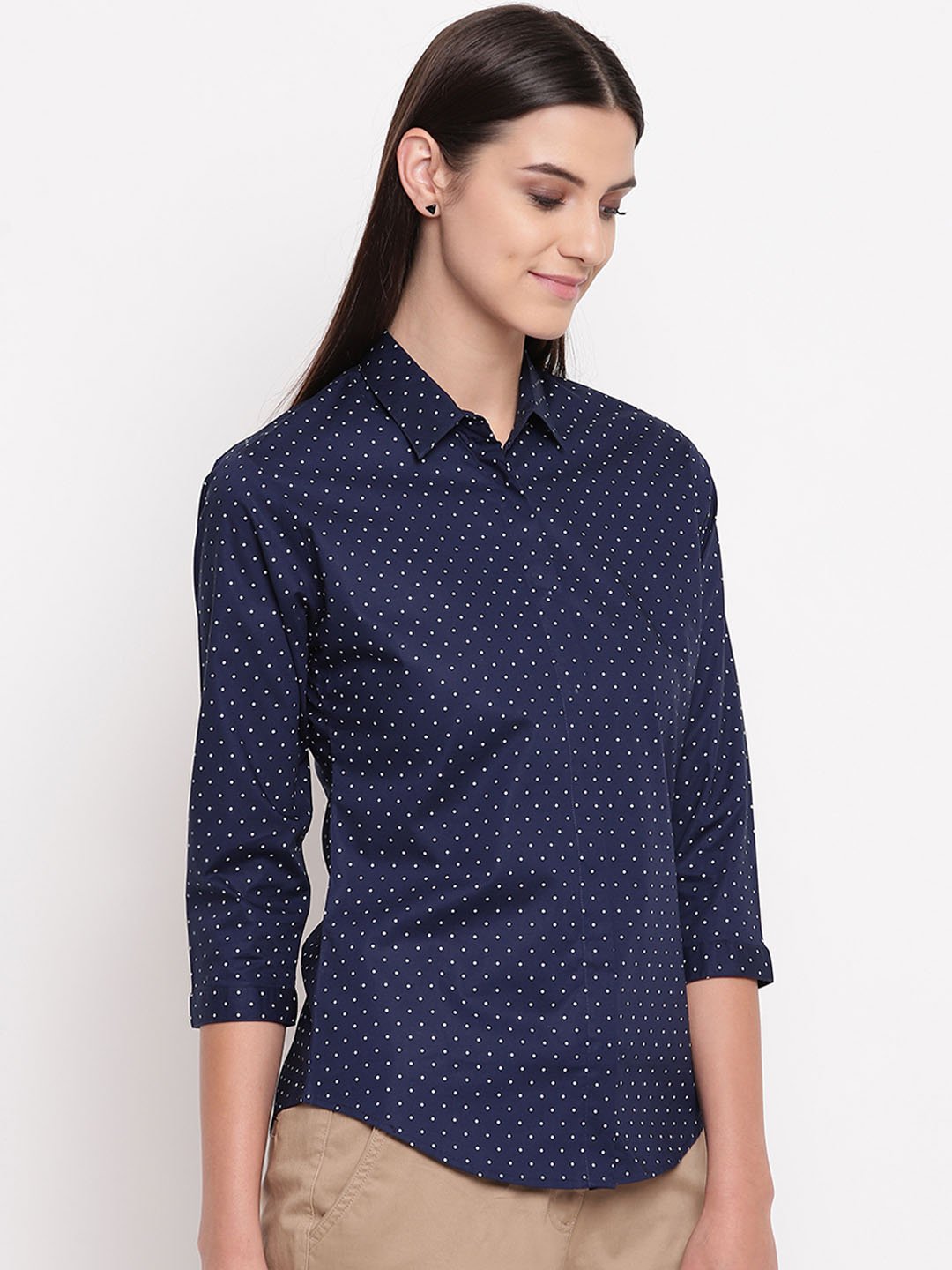 Women Navy Pure Cotton Polka Dot Printed Slim Fit Formal Shirt - #folk republic#