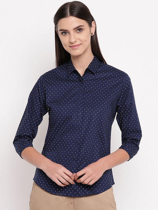 Women Navy Pure Cotton Polka Dot Printed Slim Fit Formal Shirt - #folk republic#