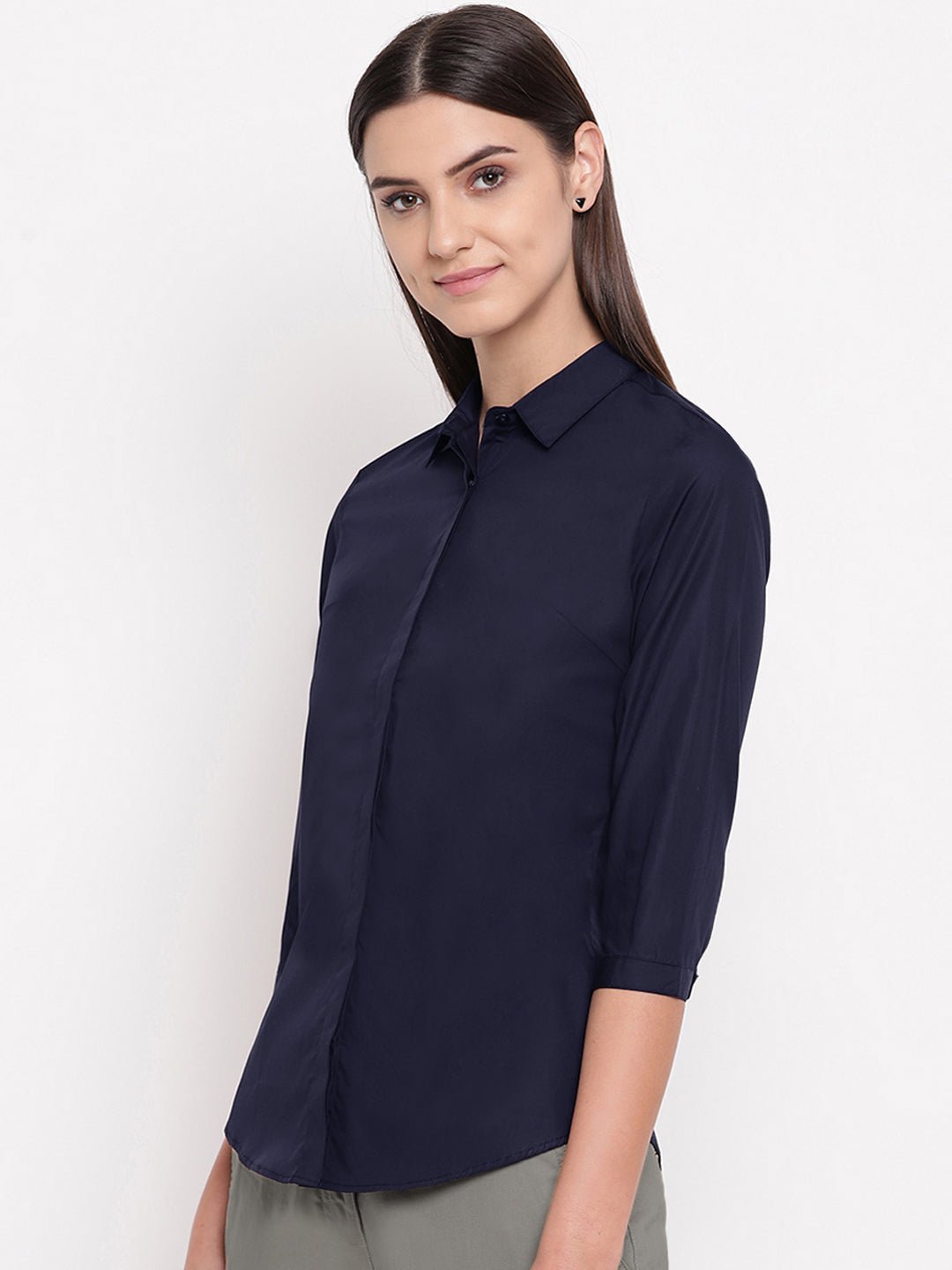 Women Navy Pure Cotton Solid Slim Fit Formal Shirt - #folk republic#