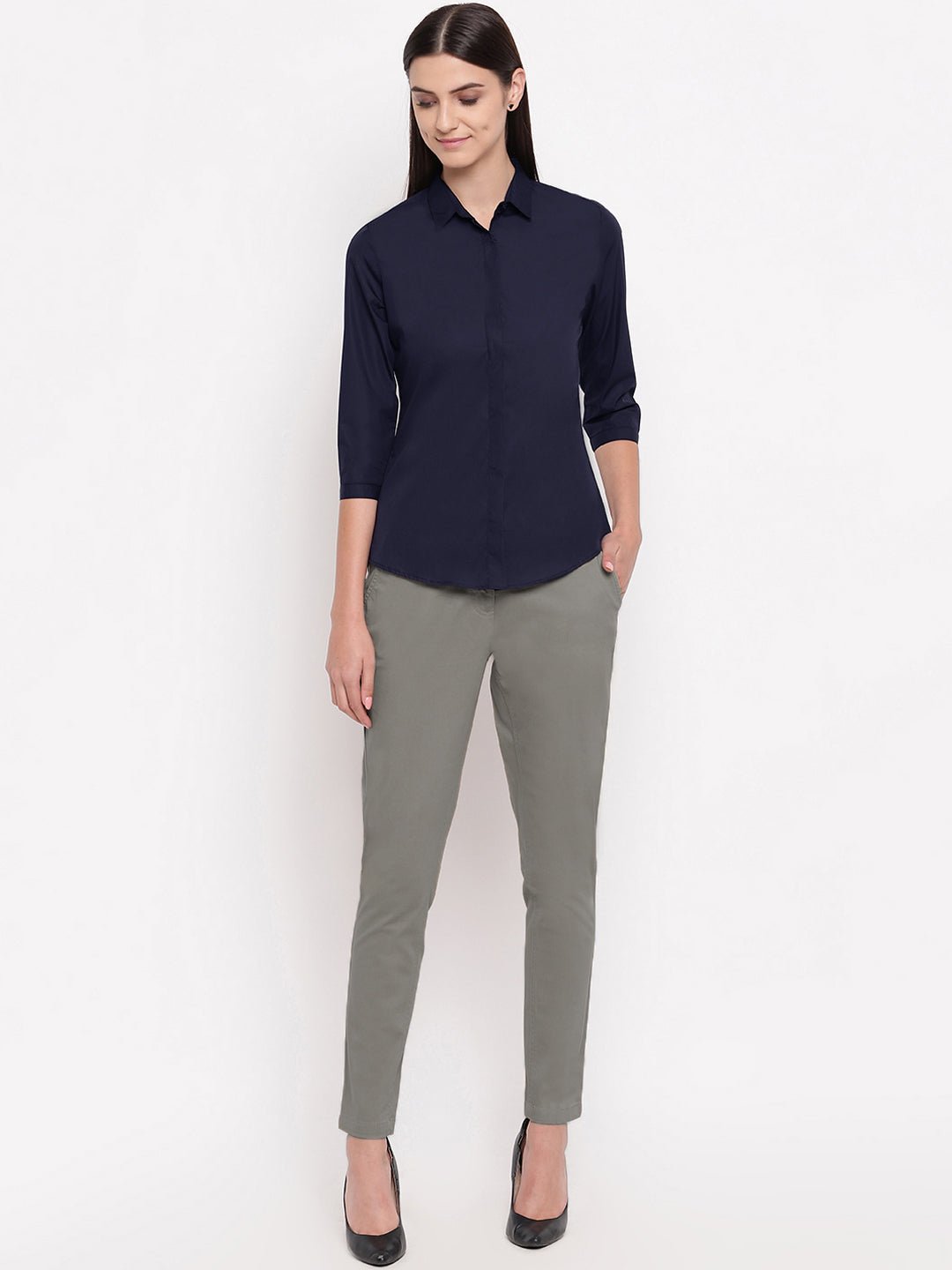 Women Navy Pure Cotton Solid Slim Fit Formal Shirt - #folk republic#