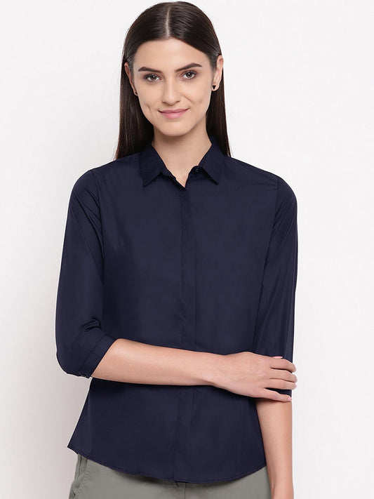 Women Navy Pure Cotton Solid Slim Fit Formal Shirt - #folk republic#