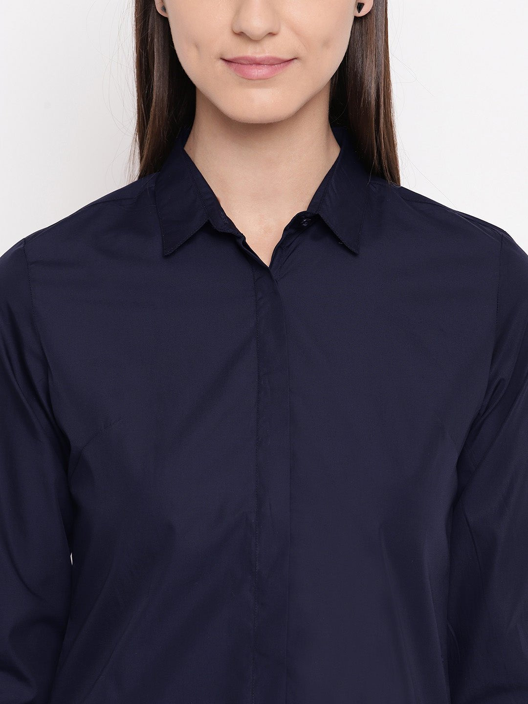 Women Navy Pure Cotton Solid Slim Fit Formal Shirt - #folk republic#