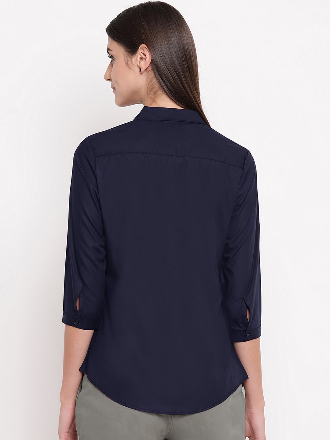 Women Navy Pure Cotton Solid Slim Fit Formal Shirt - #folk republic#