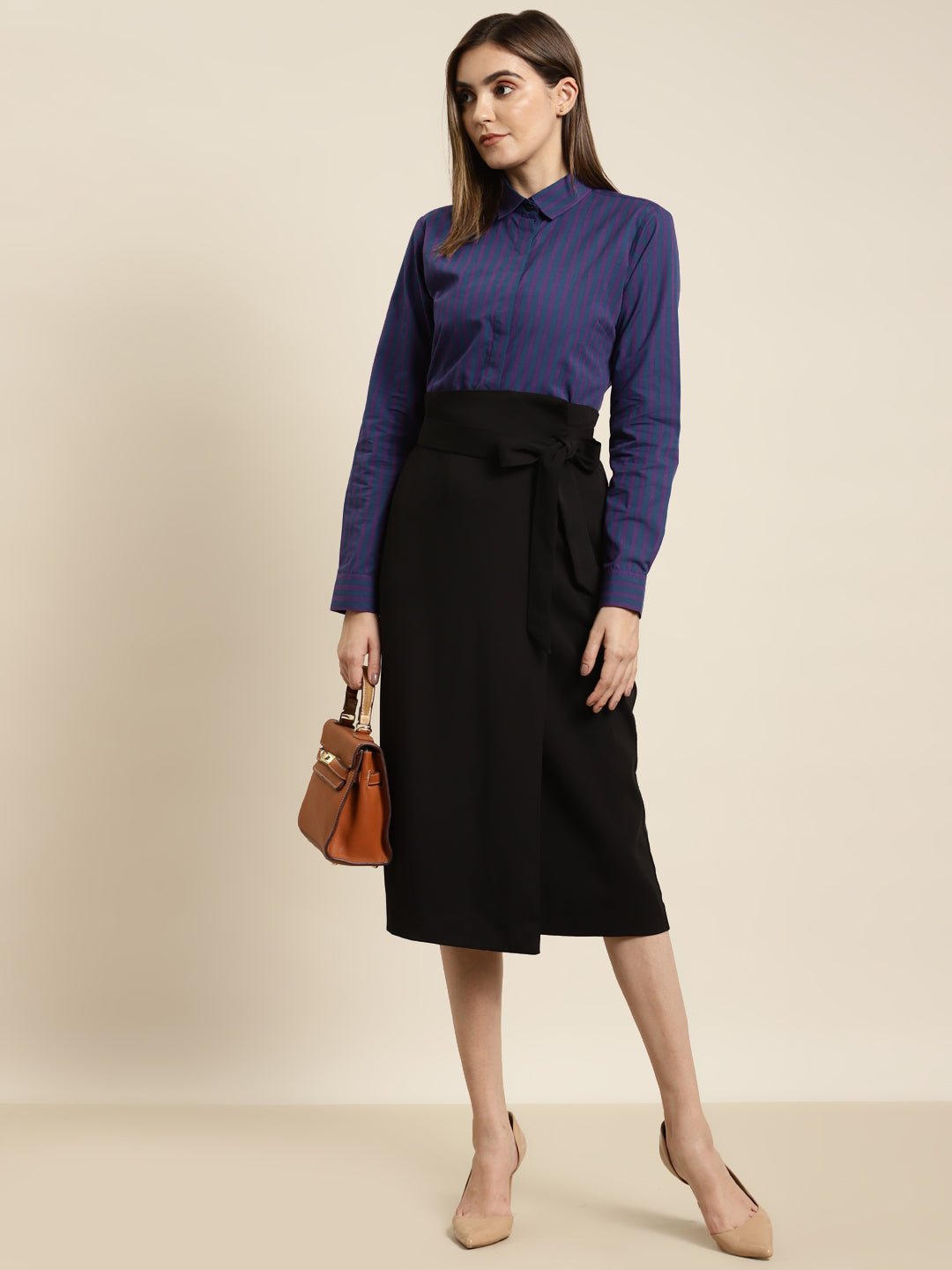 Women Navy & Purple Striped Pure Cotton Regular Fit Formal Shirt - #folk republic#