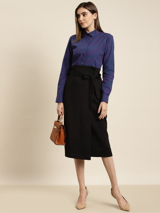 Women Navy & Purple Striped Pure Cotton Regular Fit Formal Shirt - #folk republic#
