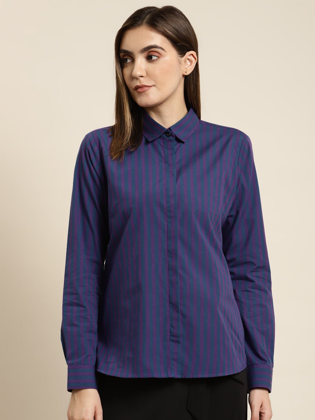 Women Navy & Purple Striped Pure Cotton Regular Fit Formal Shirt - #folk republic#