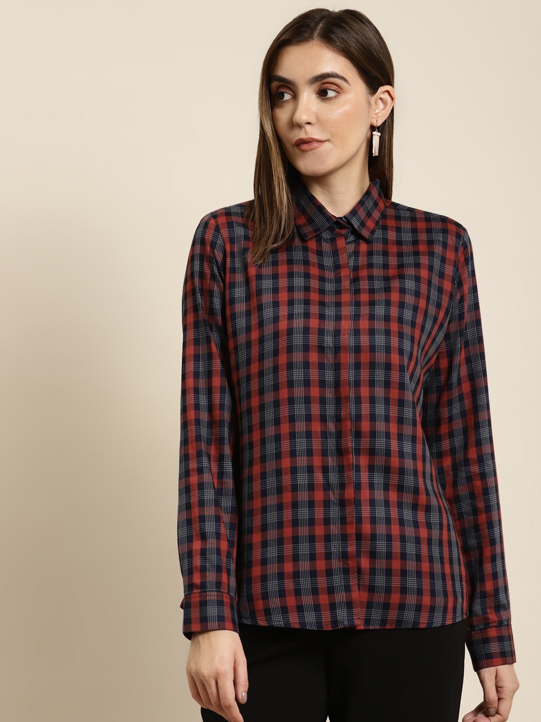 Women Navy & Red Checked Pure Cotton Regular Fit Formal Shirt - #folk republic#