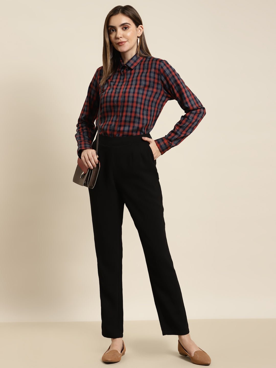 Women Navy & Red Checked Pure Cotton Regular Fit Formal Shirt - #folk republic#