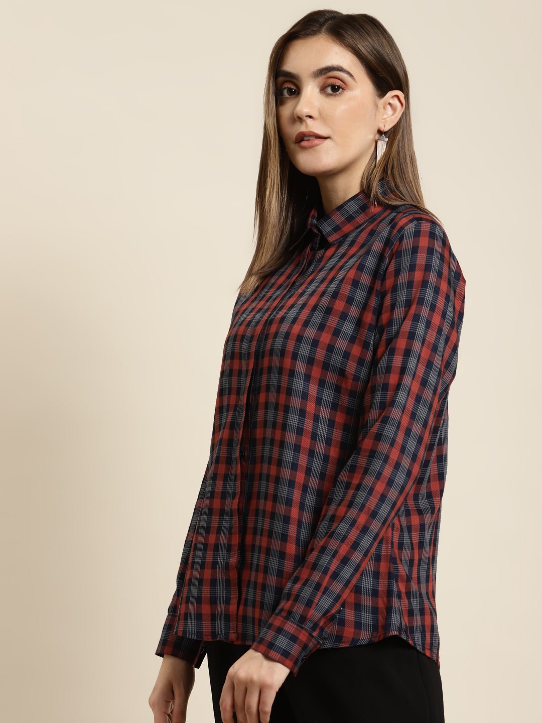 Women Navy & Red Checked Pure Cotton Regular Fit Formal Shirt - #folk republic#