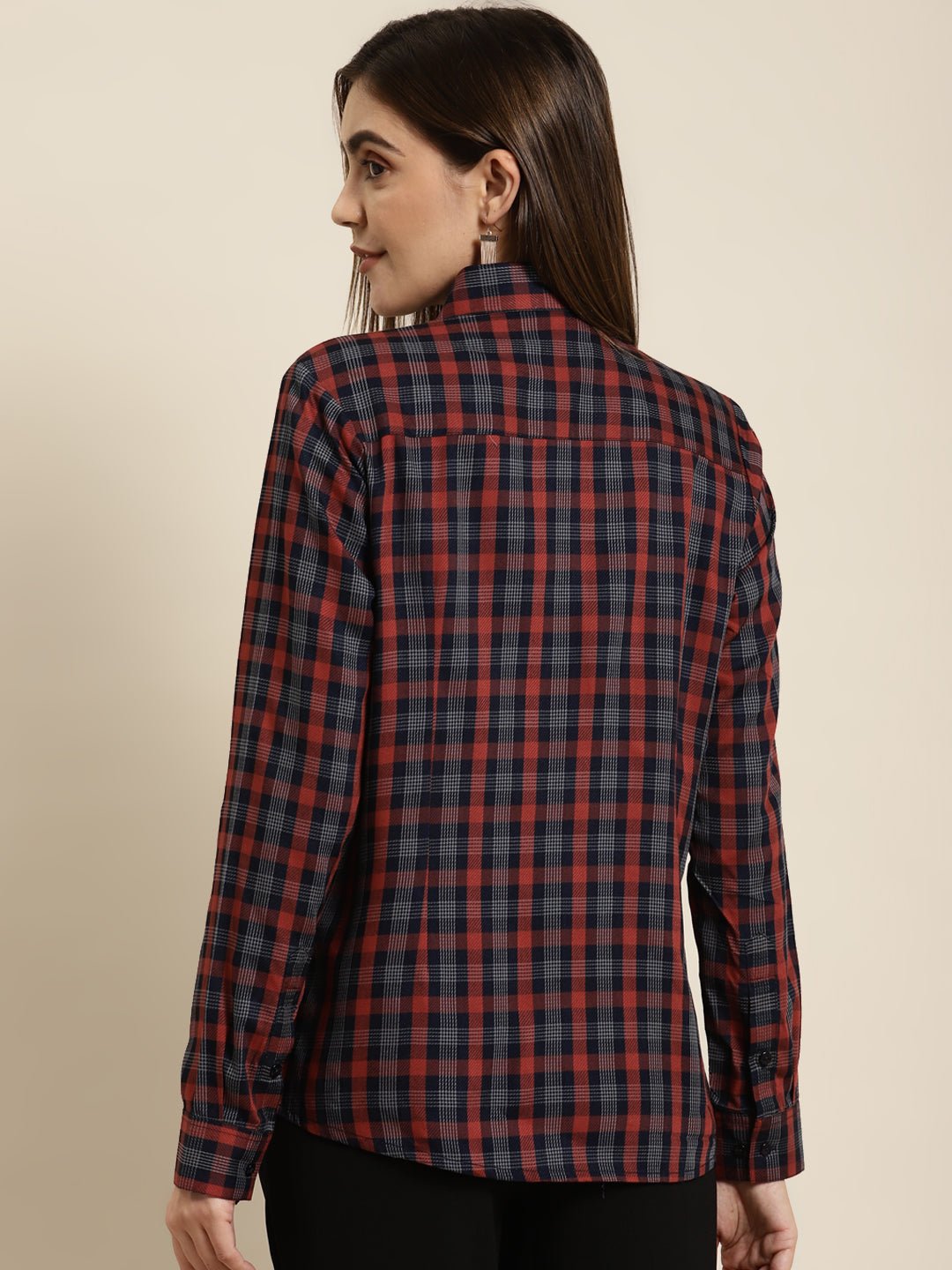 Women Navy & Red Checked Pure Cotton Regular Fit Formal Shirt - #folk republic#