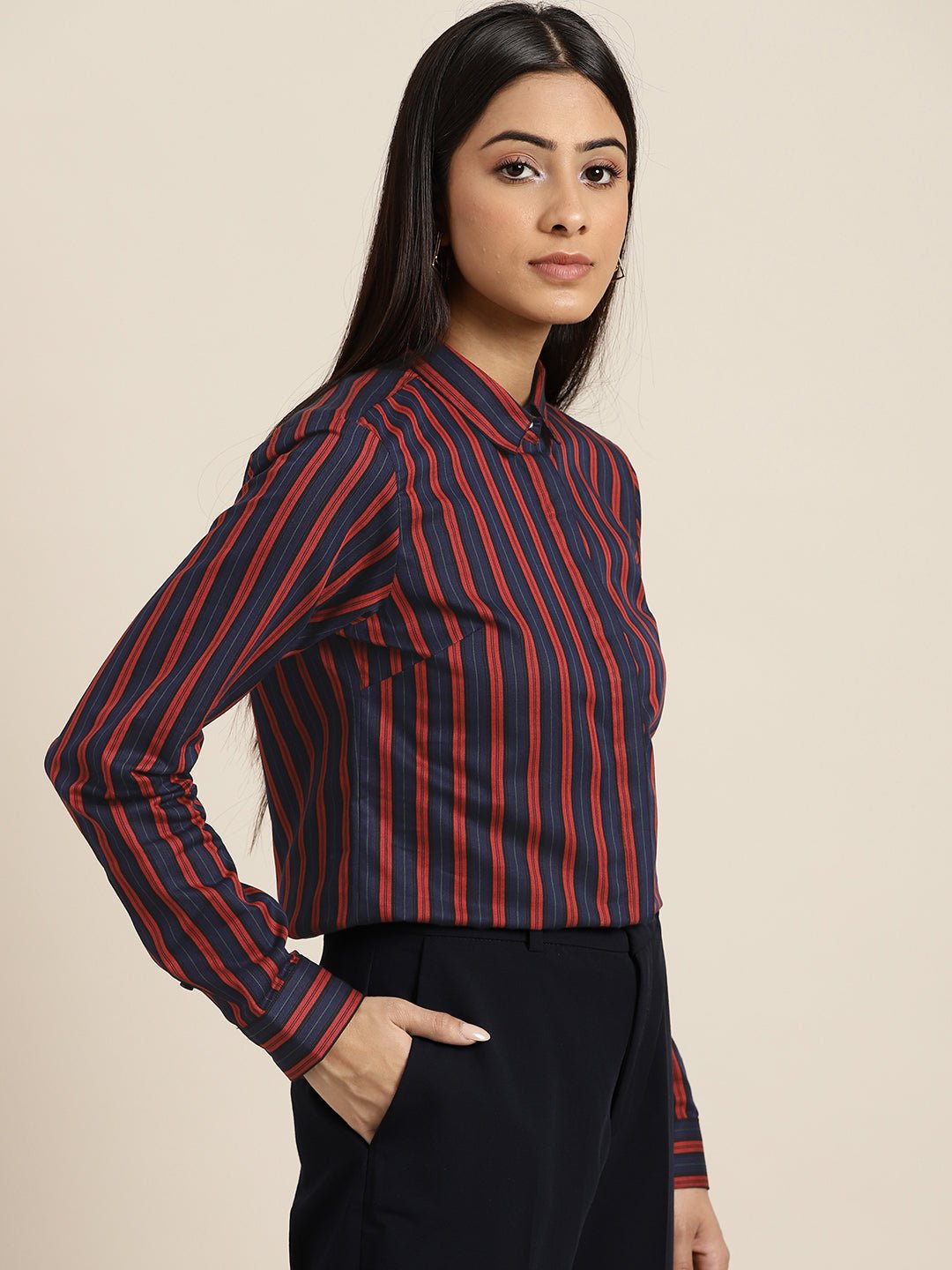 Women Navy & Red Stripes Pure Cotton Slim Fit Formal Shirt - #folk republic#