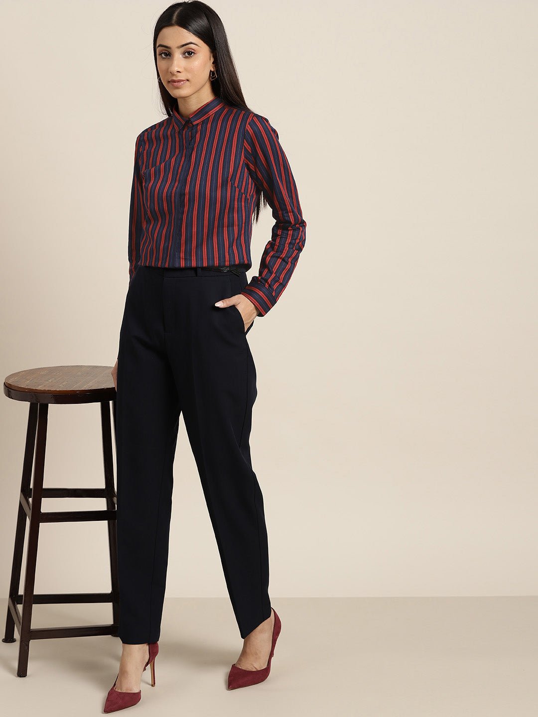 Women Navy & Red Stripes Pure Cotton Slim Fit Formal Shirt - #folk republic#